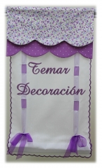 Stor con feston de ondas, ojales y cinta de organza, conjuntado con bando doble en tonos malvas