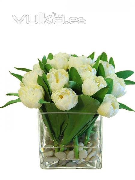 Flores artificiales oasis decor Centro cuadrado cristal tulipanes artificiales agua solida