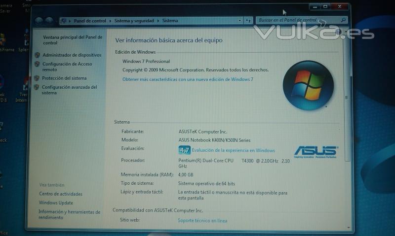 Windows 7 Profesional 64 en Asus K50IN