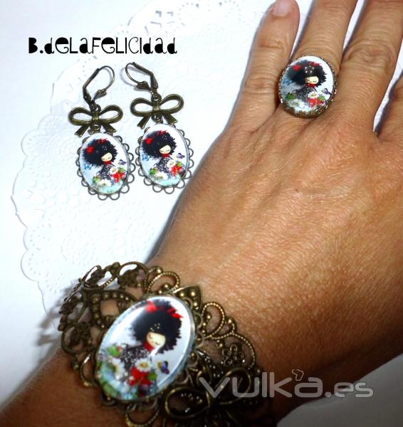 Conjunto: pulsera, pendiente y anillo, coleccin Muecas