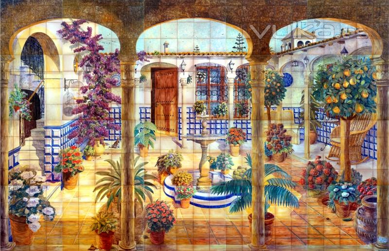 Patio andaluz con fuente y arcos. Mural de azulejos 355x235cm.