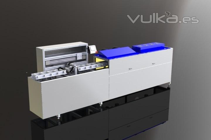 Vista perpendicular de máquina de serigrafía compacta automática para objetos redondo