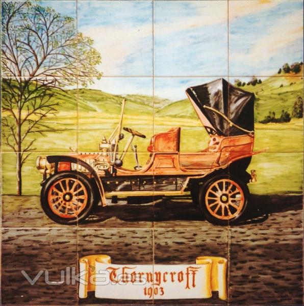 Coches antiguos: Thornicroft 1903. Mural de azulejos pintado a mano y cocido a 980 grados. 60x60 cm.