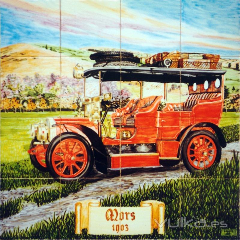 Coches antiguos: Mors 1903. Mural de azulejos pintado a mano y cocido a 980 grados.