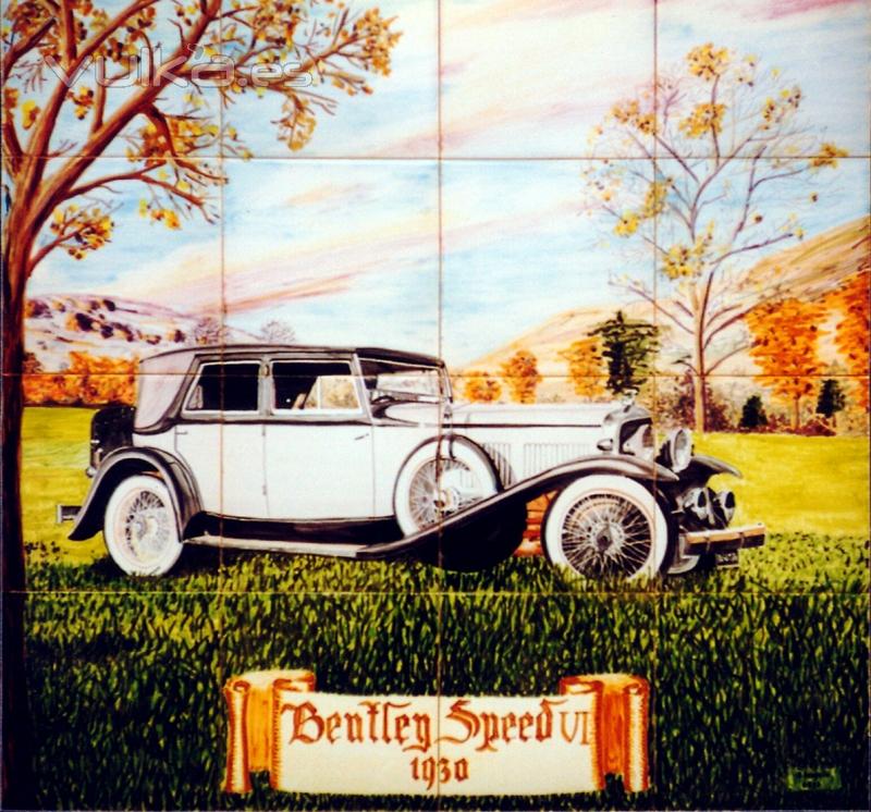 Coches antiguos: Bentley Speed VI 1930. Mural de azulejos pintado a mano y cocido a 980 grados.