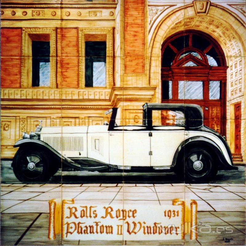 Coches antiguos: Rolls Royce Phantom II Windover 1931. Mural de azulejos pintado a mano.