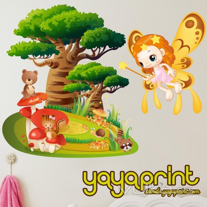 Vinilo decorativo para pared. vinilo Infantil, Decorar habitación niños y niñas. Hada, árbol, tienda