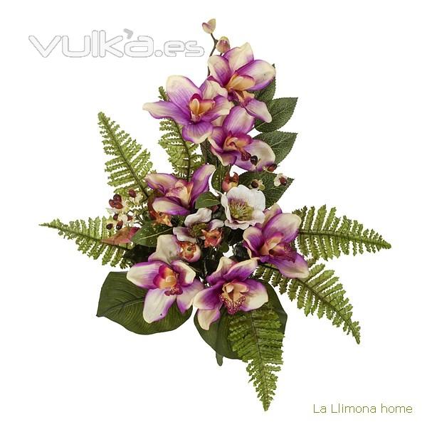 Ramo artificial flores orquídeas cymbidium malva con hojas 49 - La Llimona home