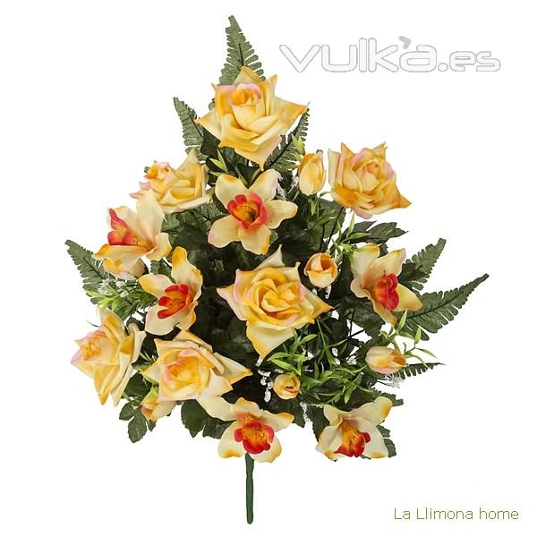 Ramo artificial flores rosas y orqudeas cymbidium naranjas con hojas 56 - La Llimona home