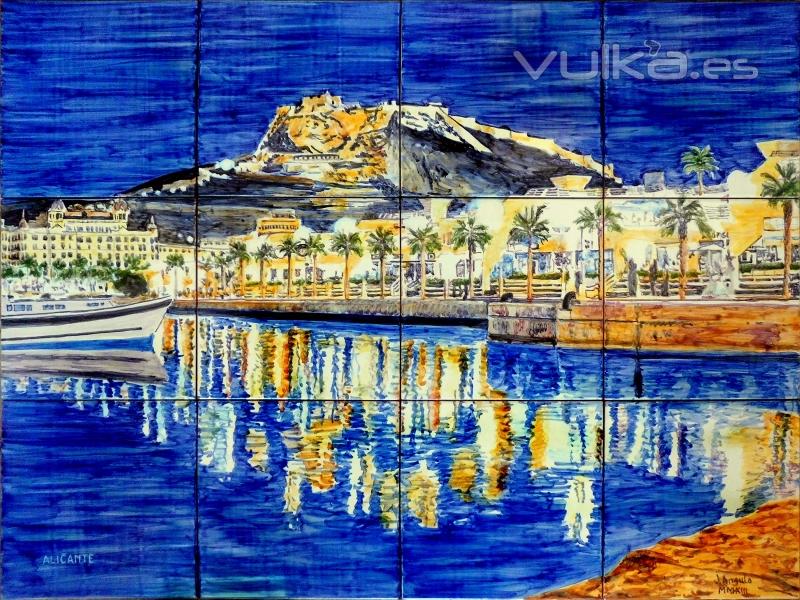 Alicante nocturno. Mural de azulejos 60x45 cm. cocido a 980 grados.
