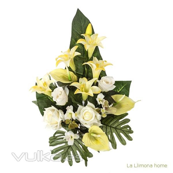 Todos los Santos. Ramo artificial flores anthuriums amarillos con rosas blancas 60 - La Llimona home