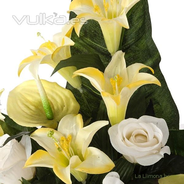 Todos los Santos. Ramo artificial flores anthuriums amarillos con rosas blancas 60 2 - La Llimona ho
