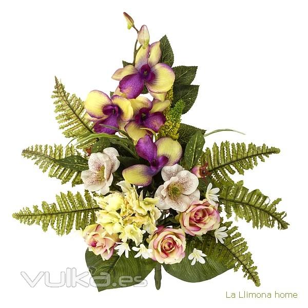 Ramo artificial flores rosas orquídeas cymbidium malva con hojas 48 - La Llimona home