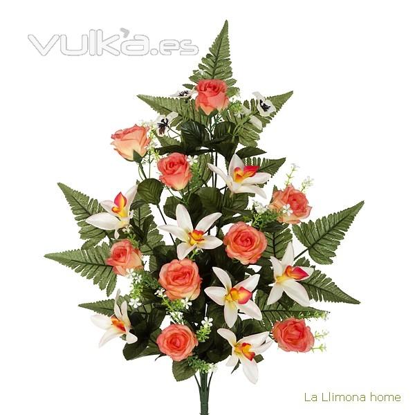 Ramo artificial flores orqudeas y rosas salmn con hojas 65 - La Llimona home