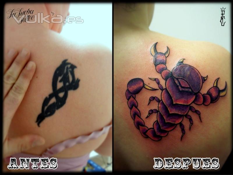coverup,cover,tapado,la lucha tattoo,escorpion,tradicional