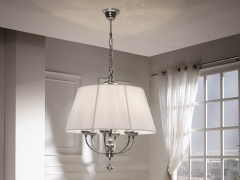 Lampara redonda de 6 luces realizada en metal, acabado plata envejecida pantalla de hilo blanco ten