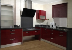 Muebles de cocina en color burdeos, modernos.