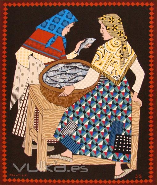 Titulo: Vendendo Peixe Diseño del Pintor Carlos Maside. Medidas: 1,23x1,45 cm. Autora: Josefina Sede