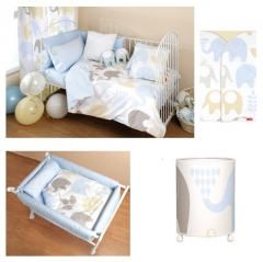 Coleccion de ropa para minicuna, cuna o maxicuan en color azul y beige