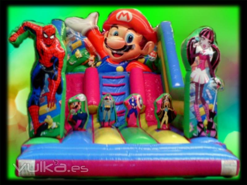 alquiler de tobogn hinchable mario bros, spiderman y monters high