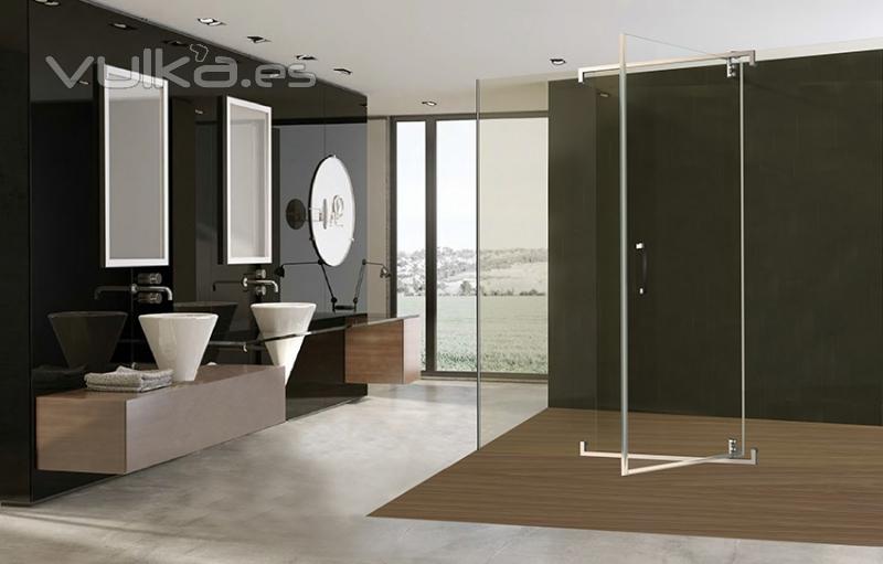 Riba  es una mampara para ducha con  puertas pivotantes de 180 de apertura.