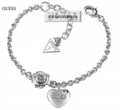 Pulsera guess de mujer con corazon y roseton plateado