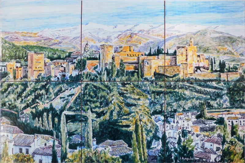 Vista de la Alhambra desde el Mirador de San Nicolás. Mural de azulejos de 30x45cm.