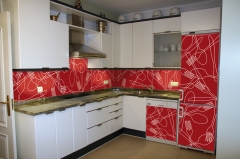 Decoracion con iman en pared de cocina y frigorifco y lavavajillas a juego modelo cubiertos con fondo rojo