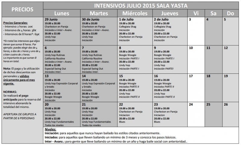 Horarios intensivos de Verano Swing Lindy Hop Sala Yasta