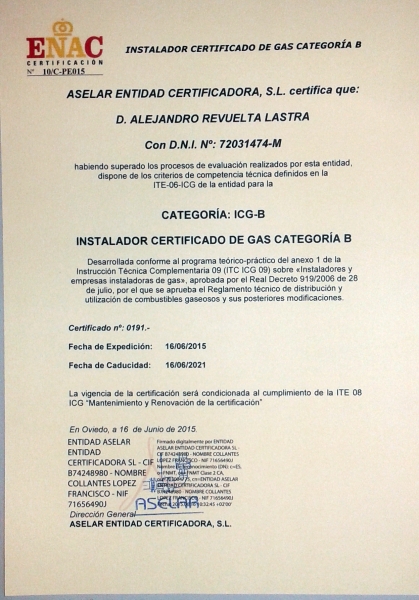 Instalador Certificado de gas categoría B