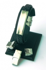 Pulseras para grabar trenza de cuero sintetico y acero inoxidable negro