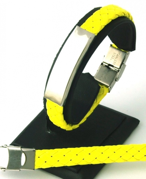 Pulseras para grabar. Trenza de cuero sintético y acero inoxidable AMARILLO