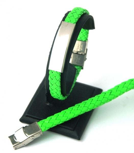 Pulseras para grabar. Trenza de cuero sinttico y acero inoxidable VERDE