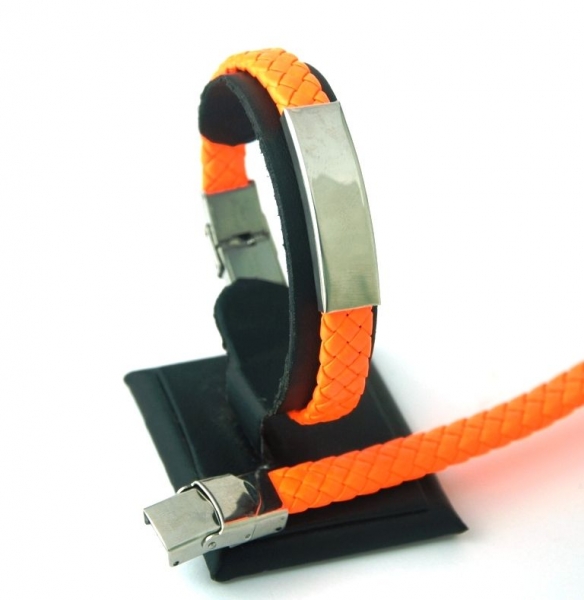 Pulseras para grabar. Trenza de cuero sinttico y acero inoxidable NARANJA