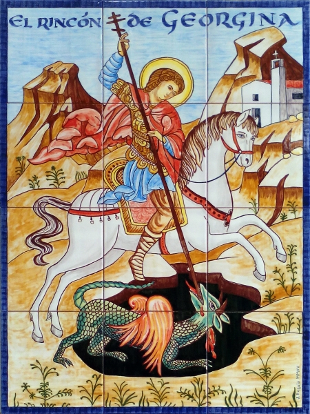 San Jorge con inscripcin personalizada. Mural de azulejos 45x60cm.