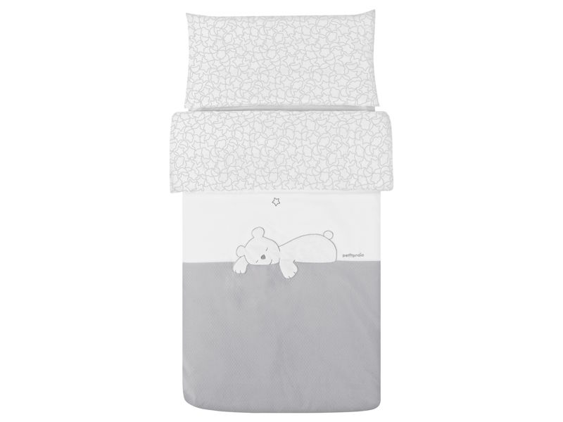 Funda nórdica para cuna Dream gris. Oso durmiendo. De Petit Praia.