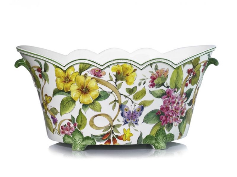 Jardinera de cerámica o porcelana de alta calidad Anna. Diseño floral con forma ovalada y ondulada.