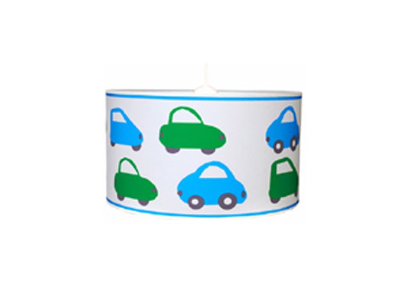 Lmpara de techo infantil cilndrica y  dibujos de coches verdes y azules, Bugui Twingo.