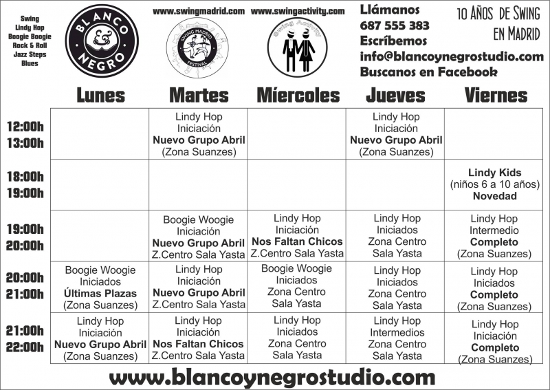 Horarios de Nuevos Cursos de Swing / Lindy Hop en Blanco Negro Studio.