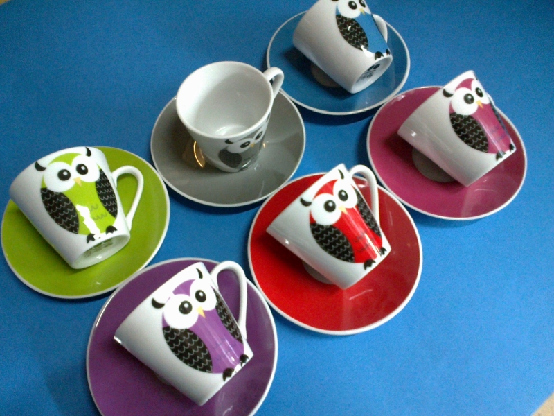 Tazas caf moka 6+6 platos a juego, buhos 