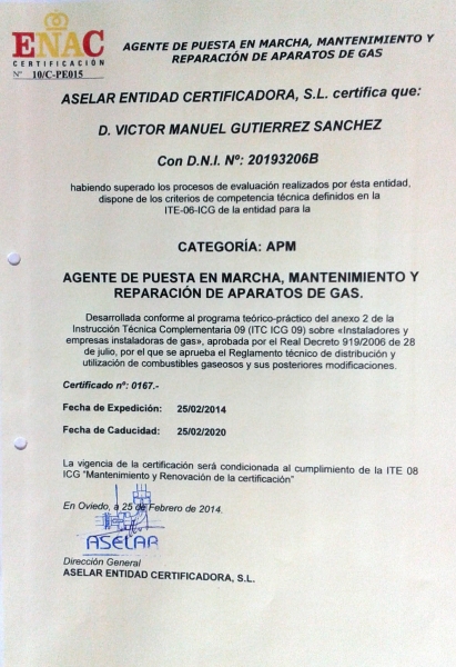 Agente de puesta en marcha, mantenimiento y reparacin de aparatos a gas