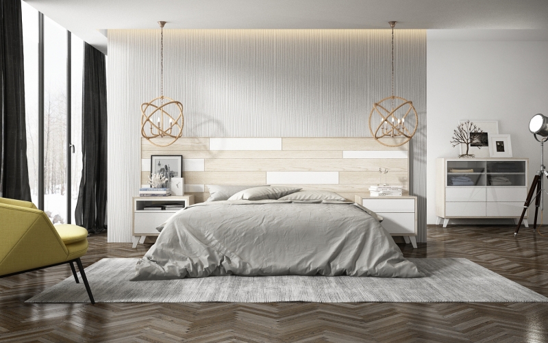 Dormitorio fabricado en chapa de roble y laca blanca mate