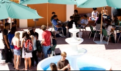 The padre rubio hall patio is a meeting place for many slu - madrid students.