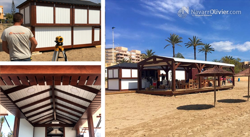 Montaje de caseta de madera y terraza para chiringuito en La Manga. Chiringuito Lebeche