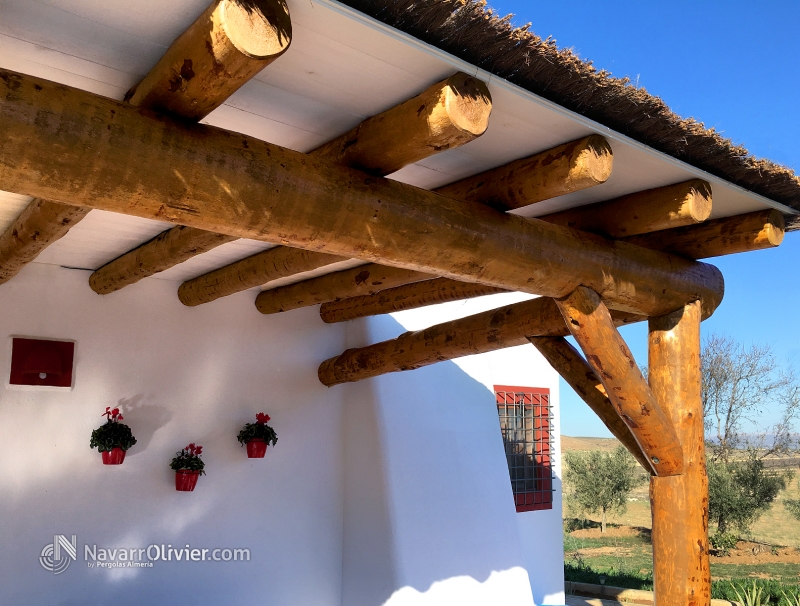 Detalle de pérgola de madera construida en palo natural tratado para exterior