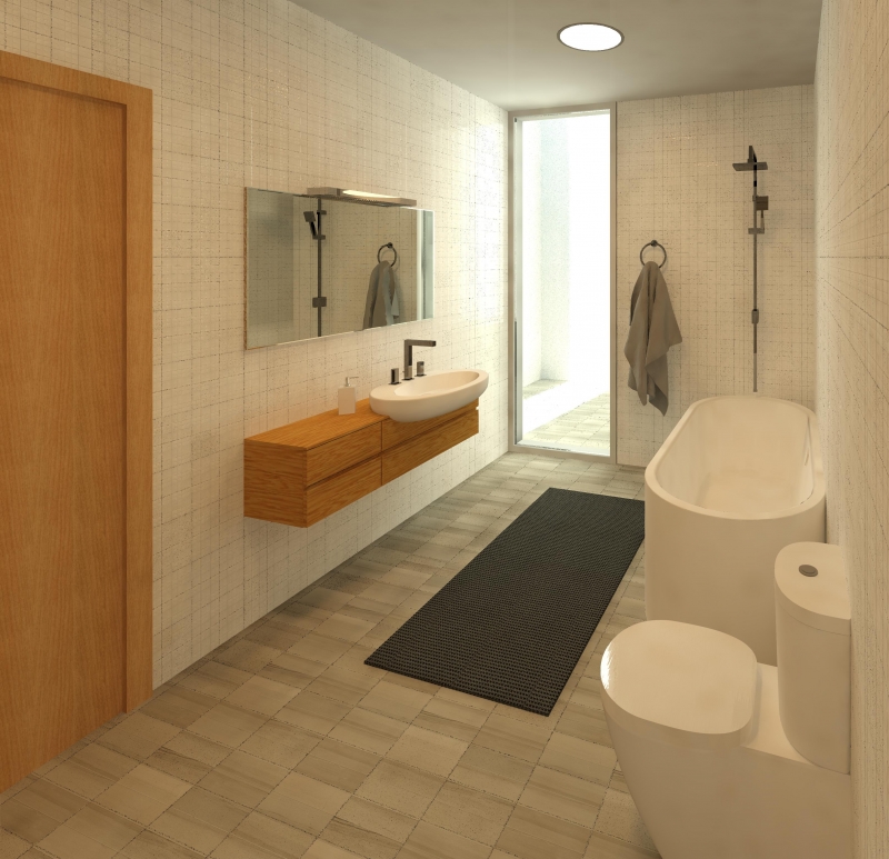 Infografía, render interior. Baño 