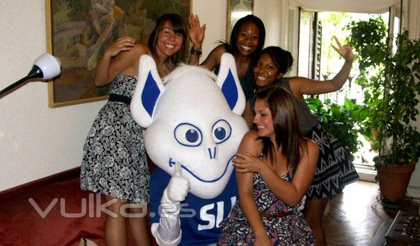 The Billiken meets SLU - Madrid students during his visit of the Spanish capital.