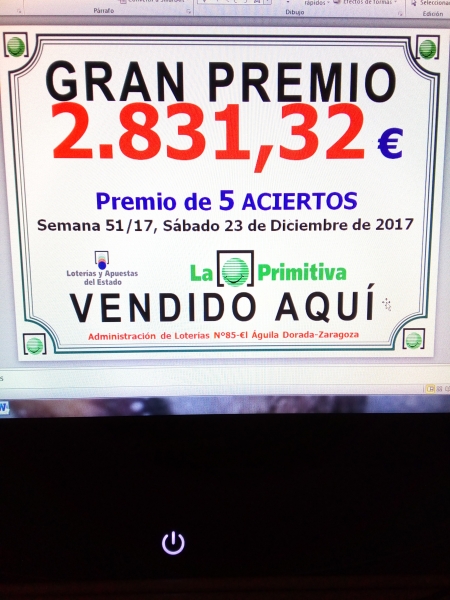 PREMIO 5 ACIERTOS LOTERIA PRIMITIVA --- 23/12/2017