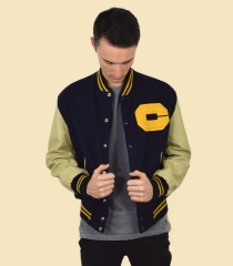 Bomber de piel azul oscura y amarilla