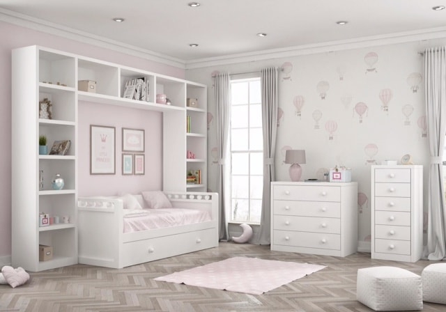 Dormitorio infantil blanco con cama nido libreras cmoda y sinfonier.